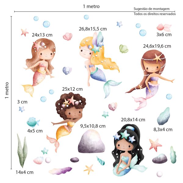 Adesivo para Parede Quarto Menina Sereias Infantil Aquarela - Imagem 2