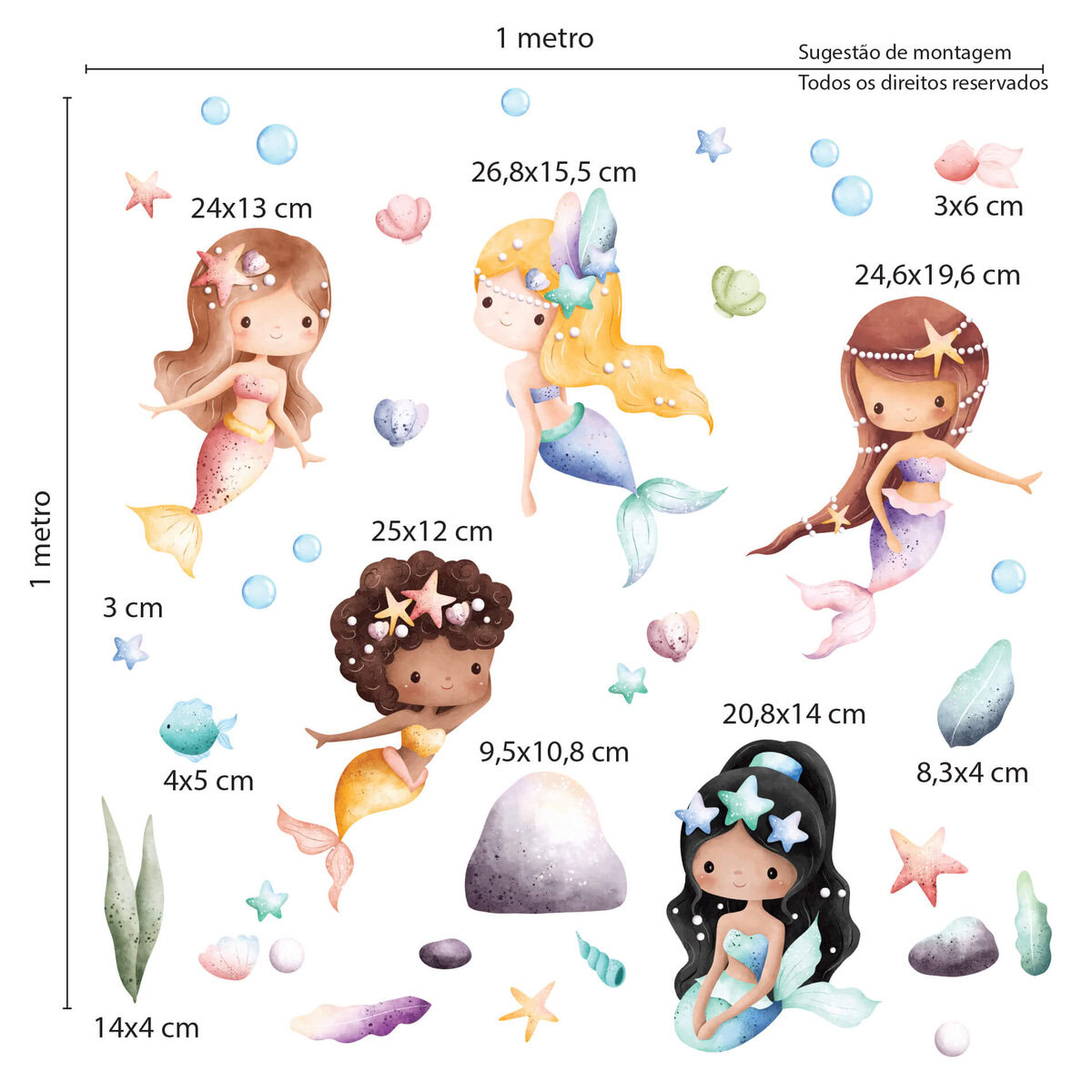 Imagem ilustrativa com medidas dos adesivos para parede com tema sereias infantis em aquarela, mostrando distribuição e dimensões das peças.