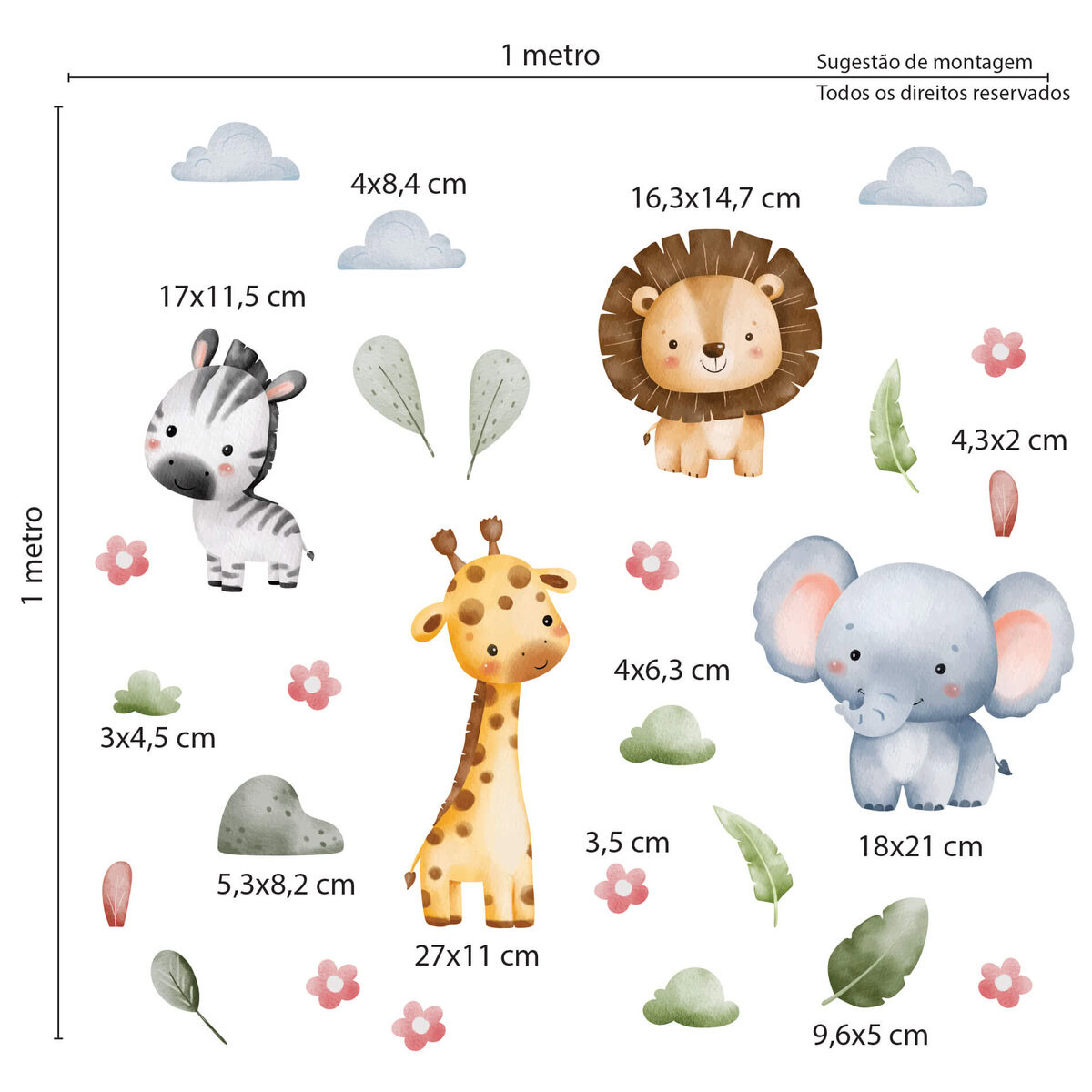 Imagem ilustrativa mostrando adesivos Safari para quarto infantil com dimensões e aplicação.