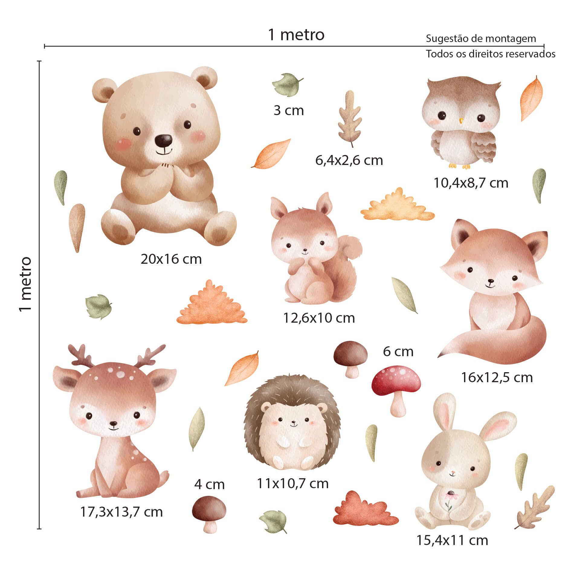 Adesivo para parede infantil com tema de animais da floresta mostrando dimensões e instruções de aplicação