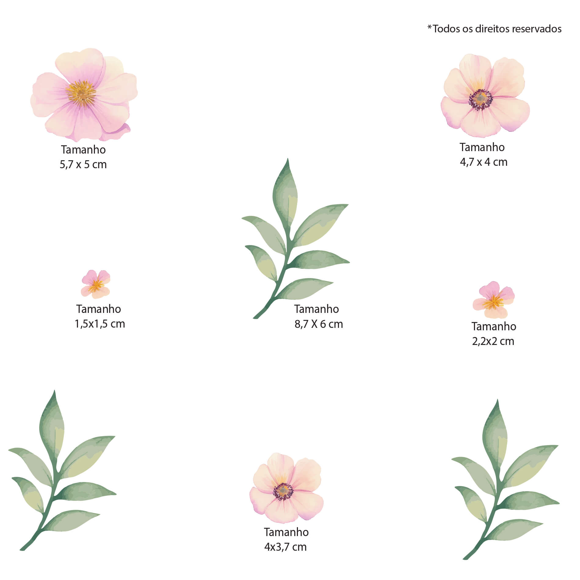 Imagem mostrando detalhes e dimensões dos adesivos de parede infantil Flores Ramos Floral Aquarela.