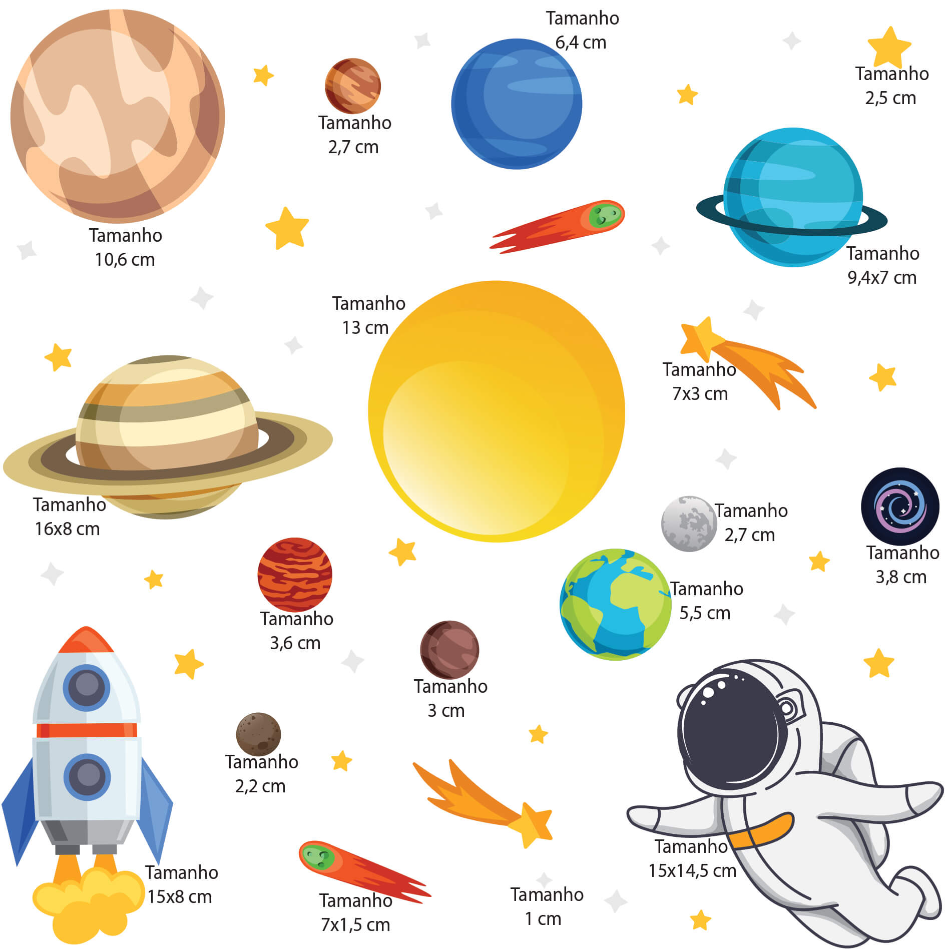 Imagem do adesivo de parede infantil com ilustrações de planetas, estrelas, foguete e astronauta com medidas indicadas para aplicação.