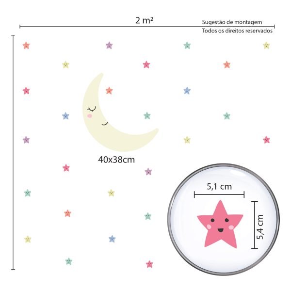 Adesivo de Parede Infantil Lua e Estrelas Coloridas - Imagem 2