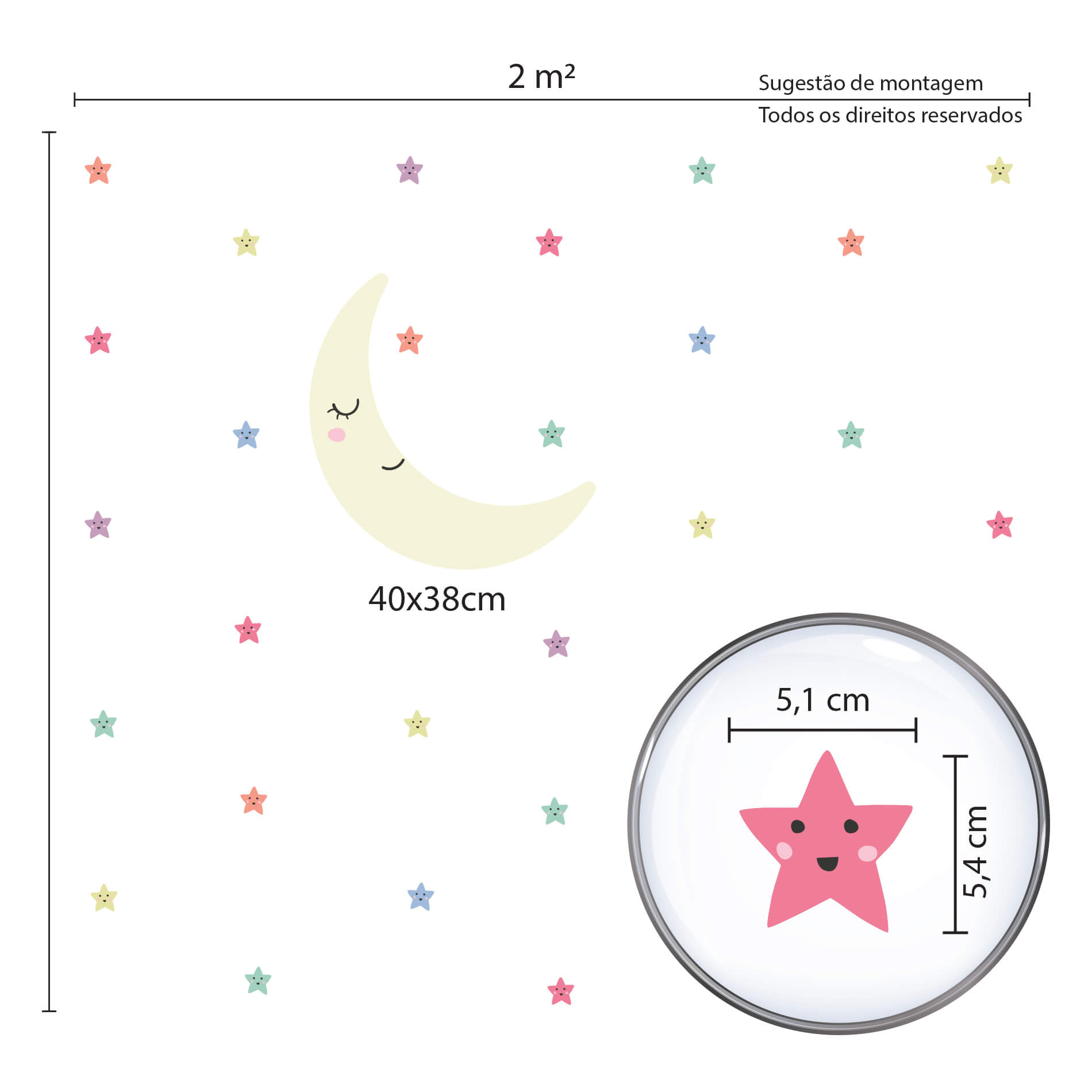 Sugestão de montagem do adesivo de parede infantil Lua e Estrelas Coloridas com dimensões e cores pastel