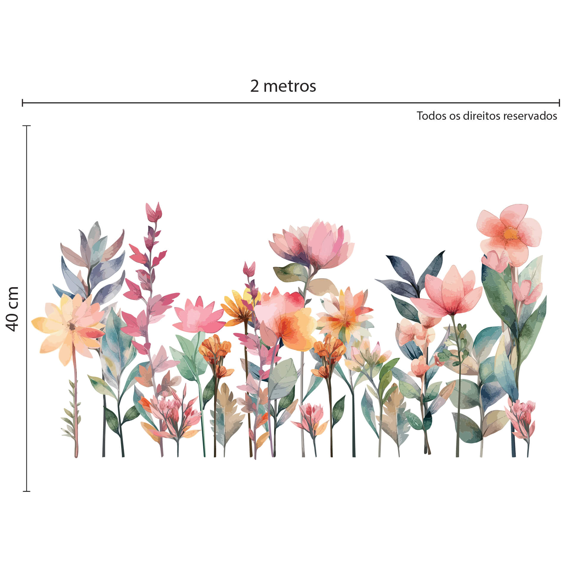 Instruções de aplicação do adesivo de parede floral com detalhes das dimensões e disposição das peças.