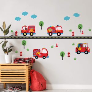 Adesivo de Parede Infantil Carrinhos Bombeiros