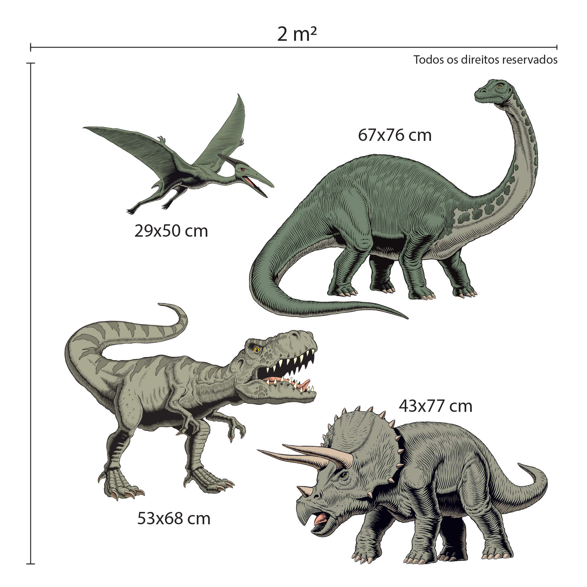 Imagem mostrando as dimensões dos adesivos de parede infantis com tema dinossauros para quarto de menino, com detalhes técnicos e medidas.