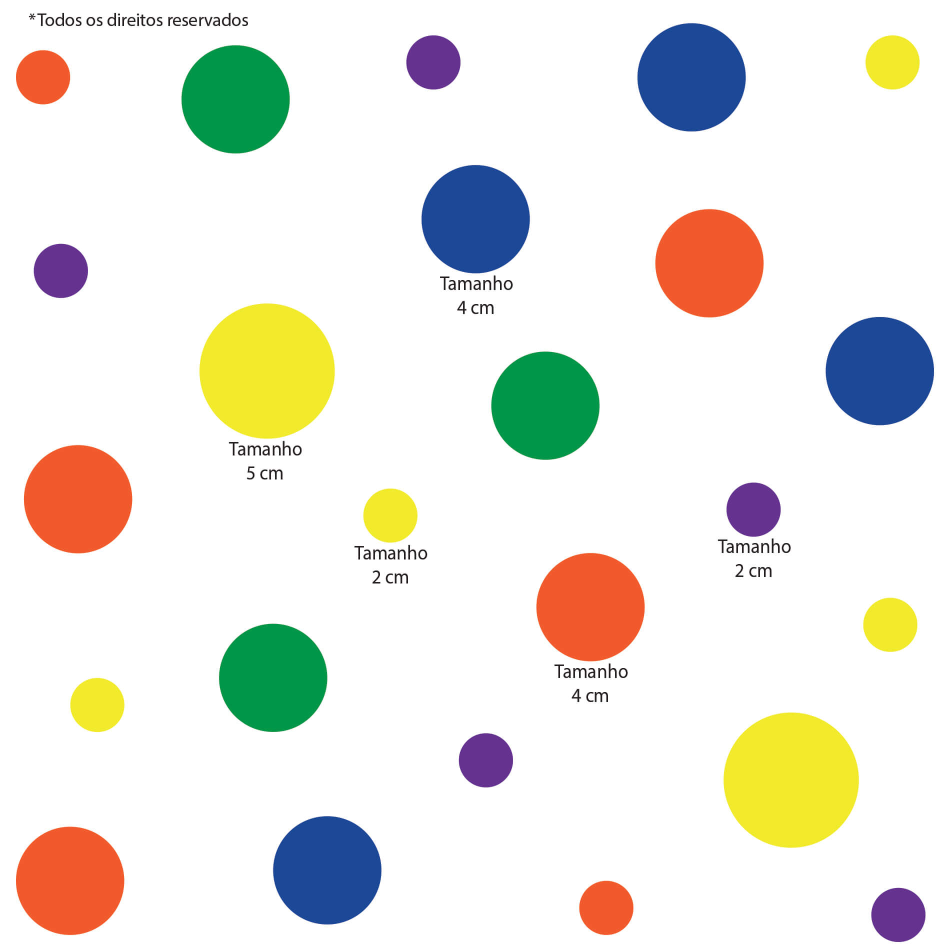 Adesivo de parede infantil com bolinhas coloridas e indicação dos tamanhos das bolinhas em fundo branco