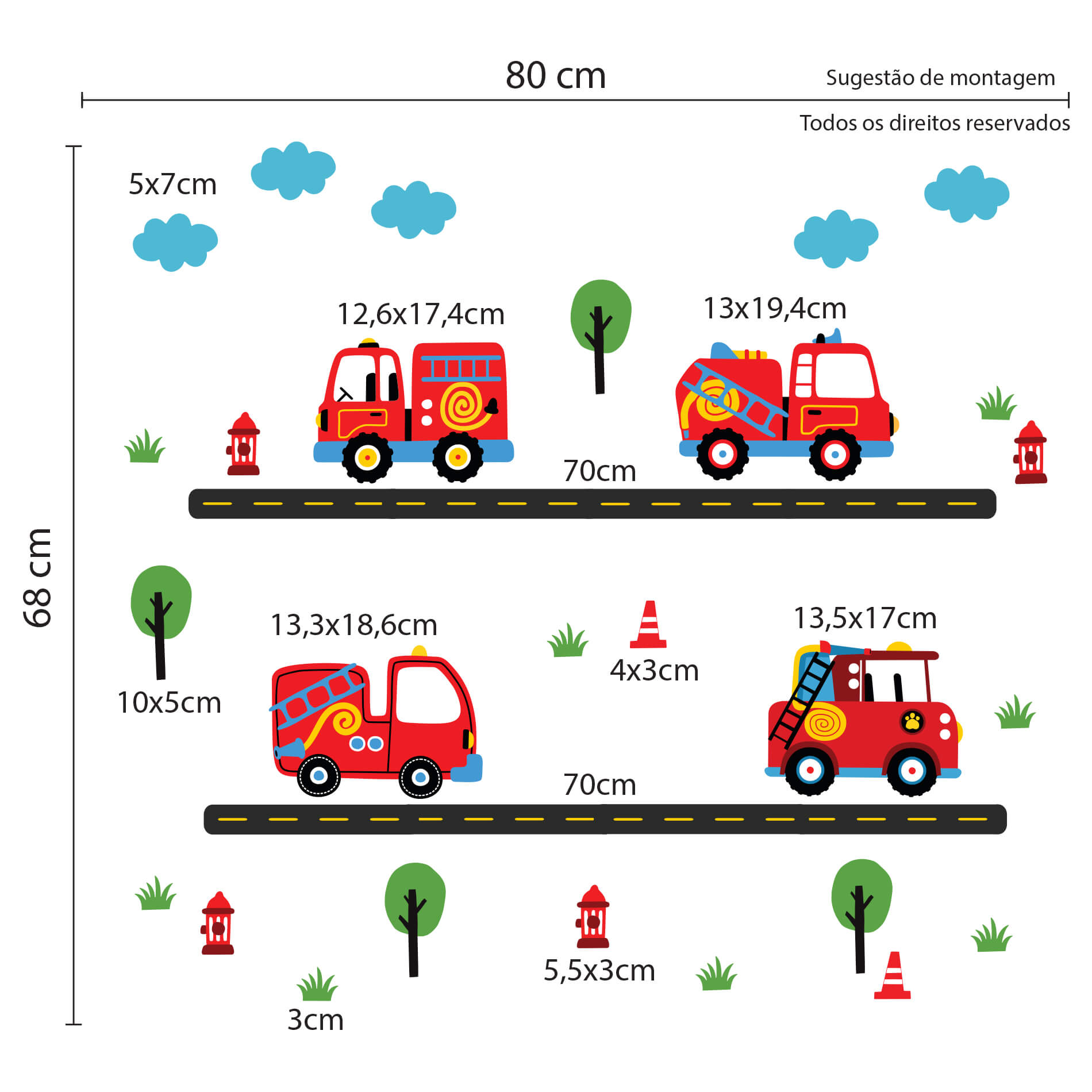Imagem ilustrativa com dimensões dos adesivos de parede infantil tema carrinhos de bombeiros.