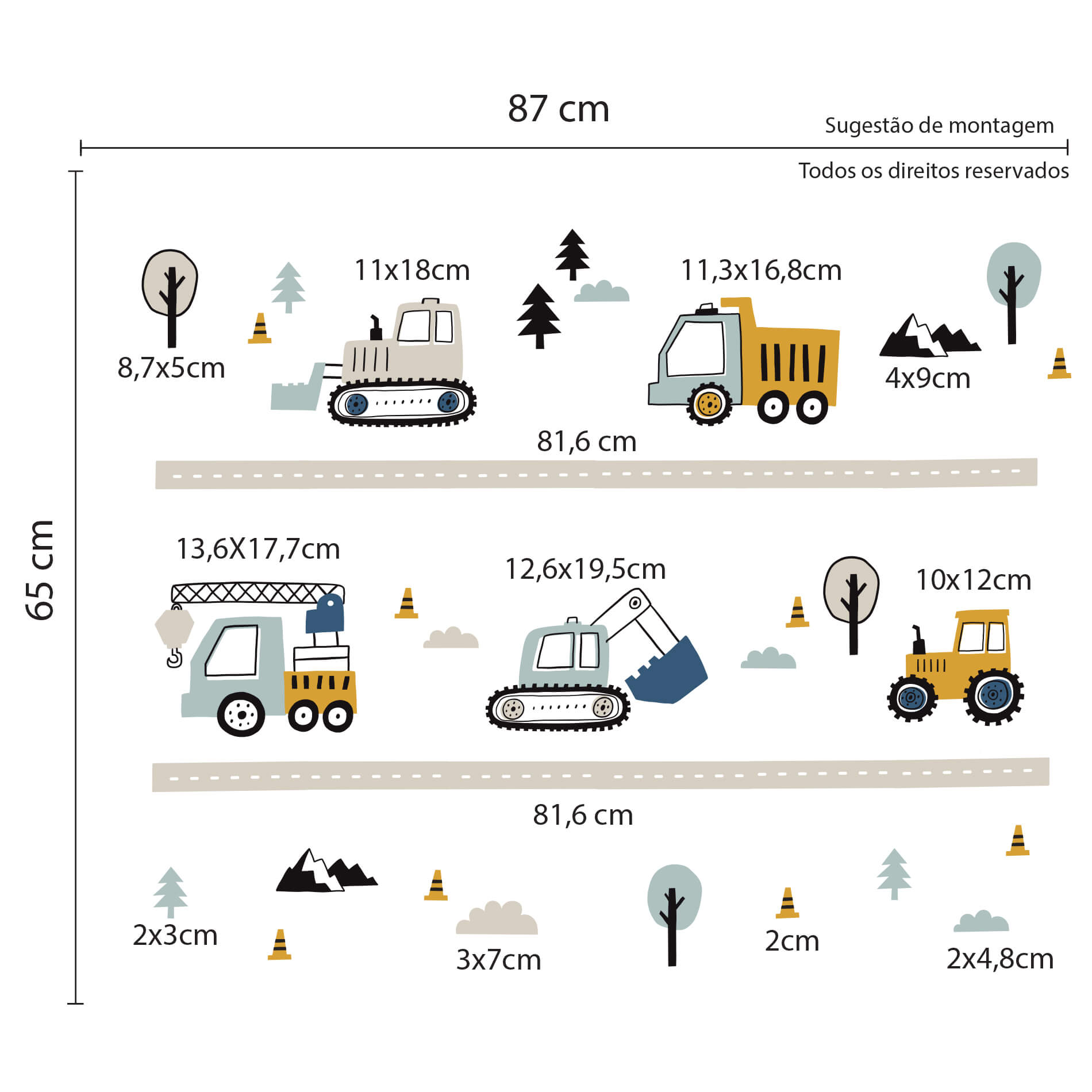 Imagem com dimensões e sugestão de montagem do adesivo de parede infantil com carrinhos e tratores.