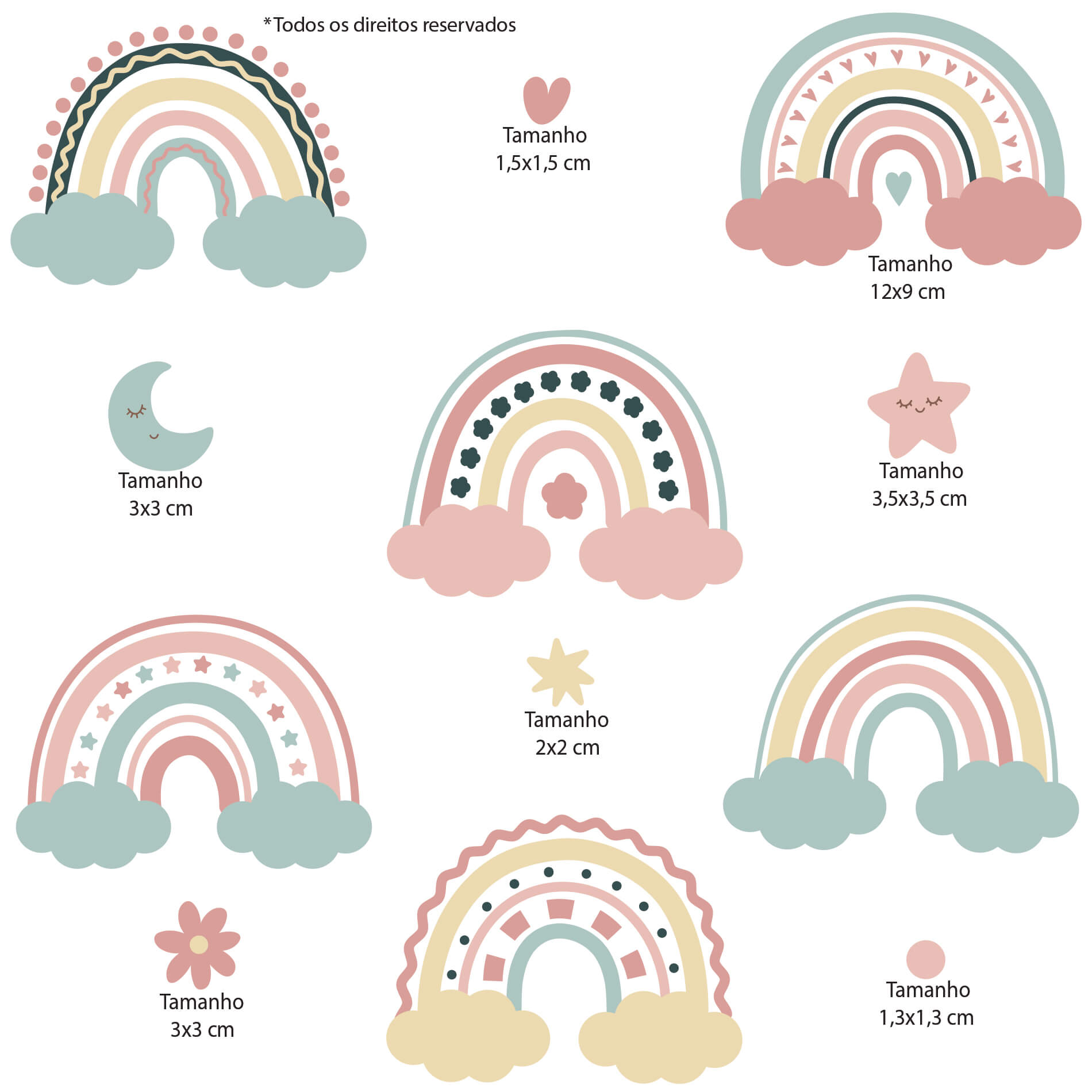 Imagem do adesivo de parede infantil arco-íris mostrando dimensões das peças e detalhes para aplicação.