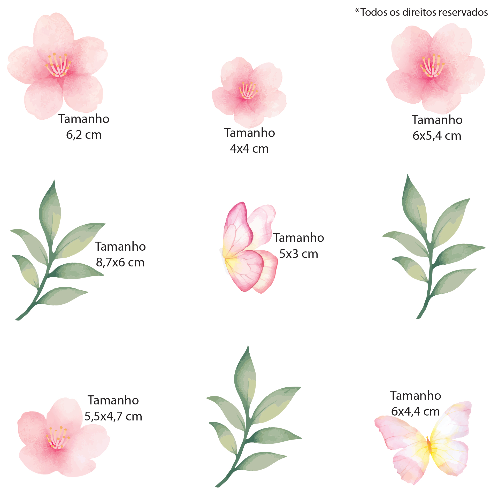 Imagem detalhada do adesivo de parede floral mostrando as medidas dos elementos e acabamento fosco.