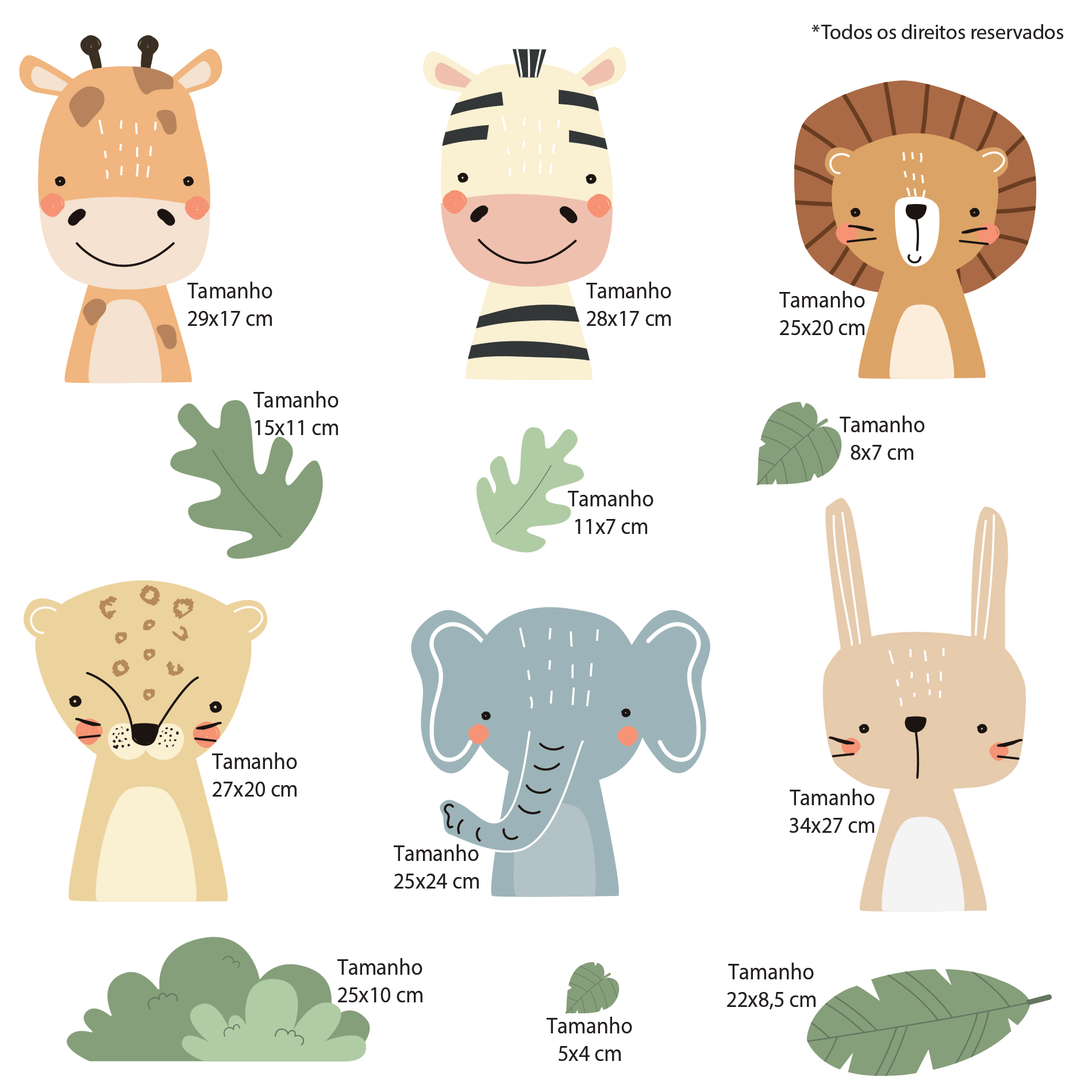 Adesivo de parede Safari com dimensões indicadas para aplicação em quarto infantil