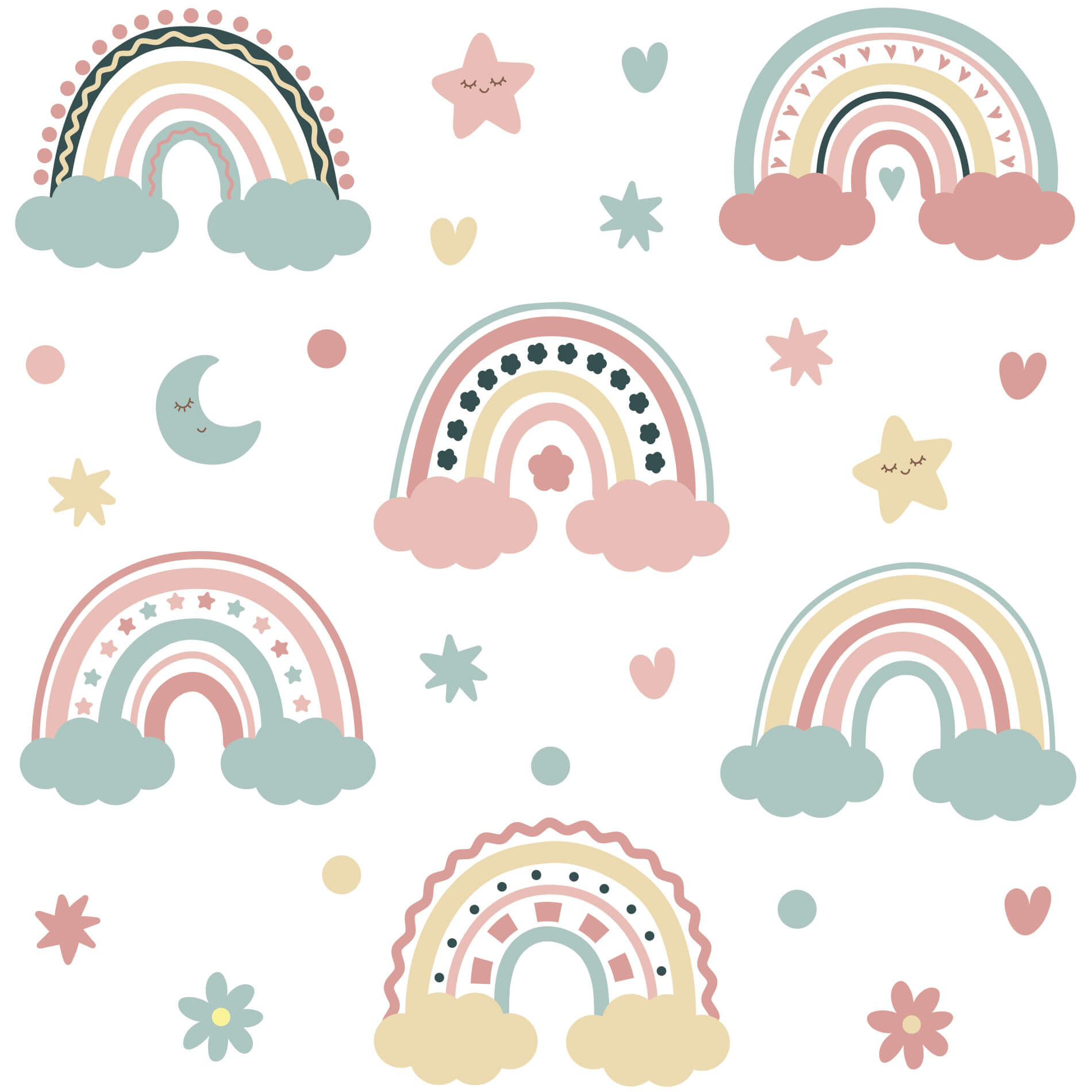 Adesivo de parede infantil com desenhos de arco-íris fofos em tons vintage, predominando cores pastel como rosa, azul, amarelo e verde. Elementos adicionais incluem estrelas, corações, luas e flores, 