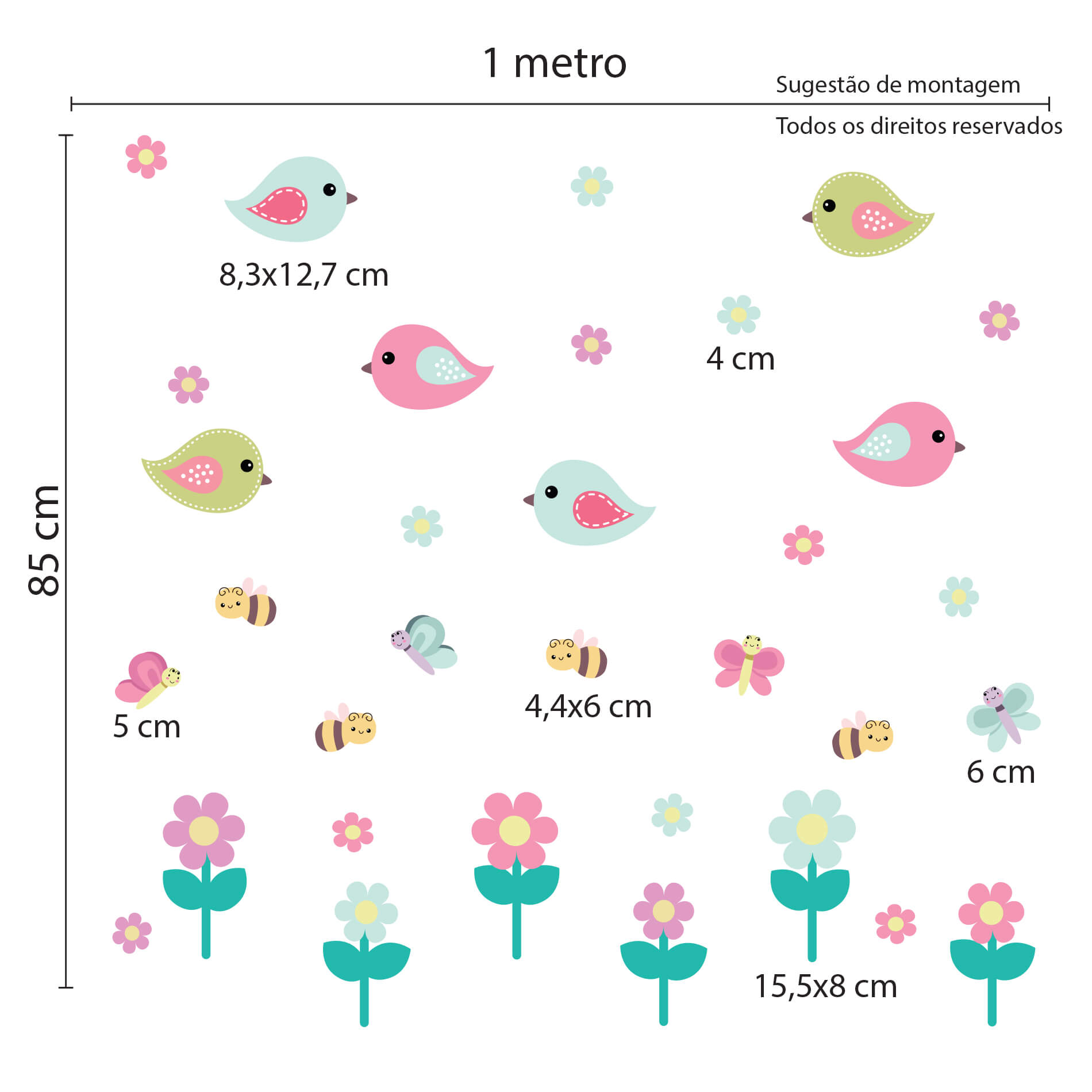 Adesivo de Parede Flores Menina Jardim Pássaros e Abelhas - Imagem 2