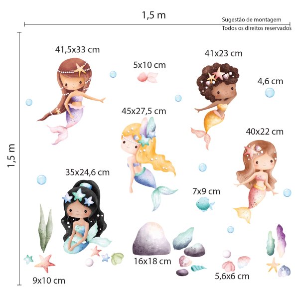 Adesivo para Parede Quarto Menina Sereias Infantil Aquarela Grande - Imagem 2