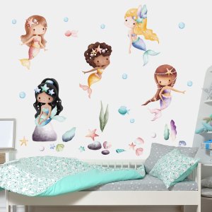 Adesivo para Parede Quarto Menina Sereias Infantil Aquarela Grande