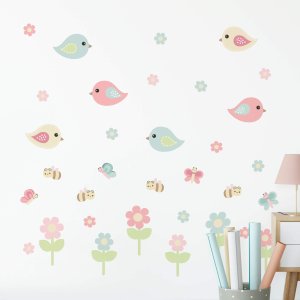Adesivo de Parede Infantil Jardim Pássaros e Abelhas Tons Pastéis