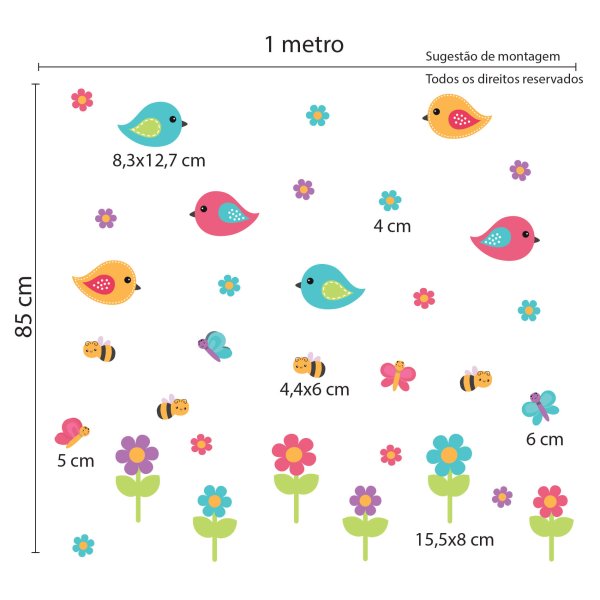 Adesivo de Parede Flores Jardim Pássaros Abelhas Cores Vivas - Imagem 2