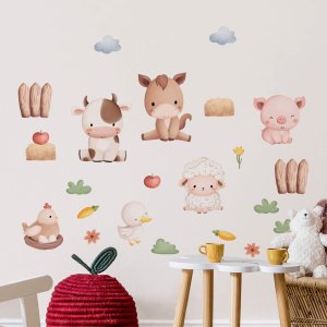 Adesivo de Parede Infantil Animais Fazenda Aquarela Neutro