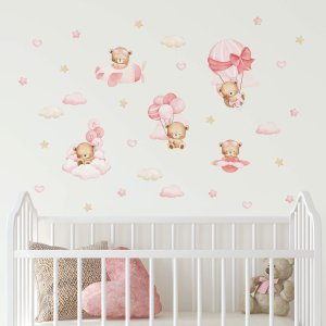 Adesivo de Parede Infantil Ursinhos e Balões Rosa