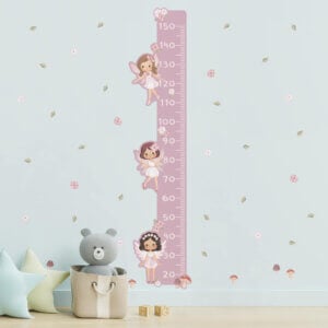 Adesivo de Parede Menina Jardim Fadas Medidor de Altura Rosa