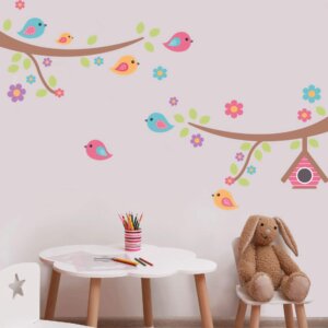 Adesivo de Parede Infantil Galhos Pássaros Flores Tons Vibrantes