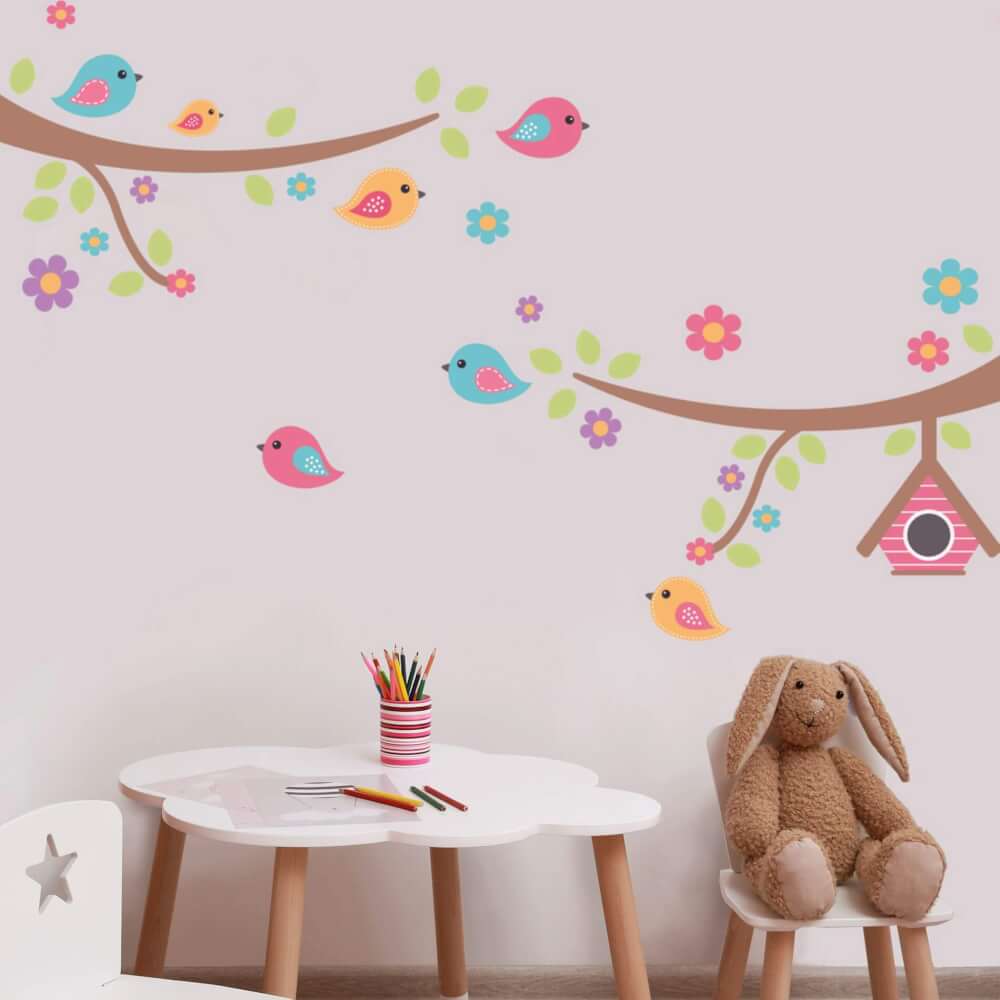 Adesivo de Parede Infantil Galhos Pássaros Flores Tons Vibrantes