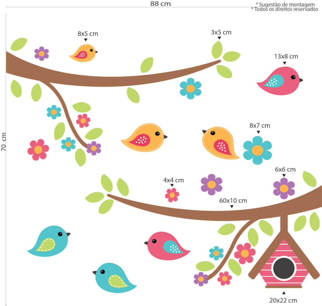 Adesivo de Parede Infantil Galhos Pássaros Flores Tons Vibrantes - Imagem 3