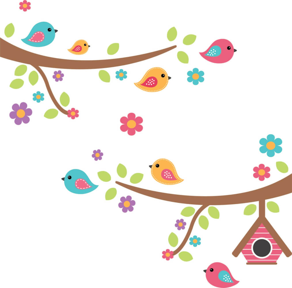 Adesivo de Parede Infantil Galhos Pássaros Flores Tons Vibrantes - Imagem 2