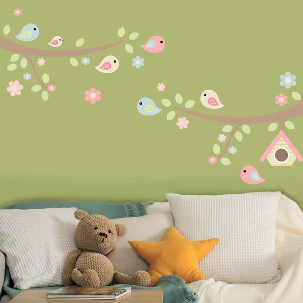 Adesivo de Parede Infantil Galhos Pássaros Flores Tons Suaves