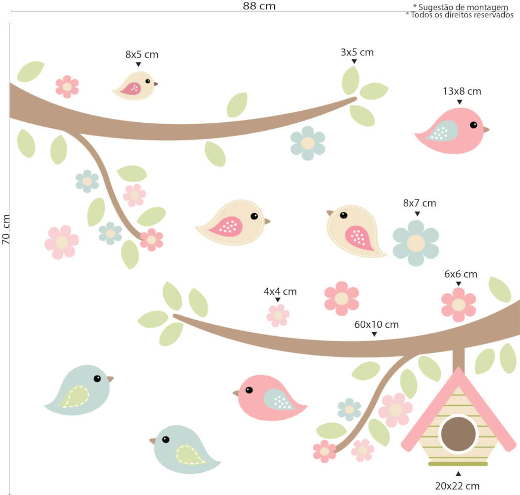 Adesivo de Parede Infantil Galhos Pássaros Flores Tons Suaves - Imagem 3