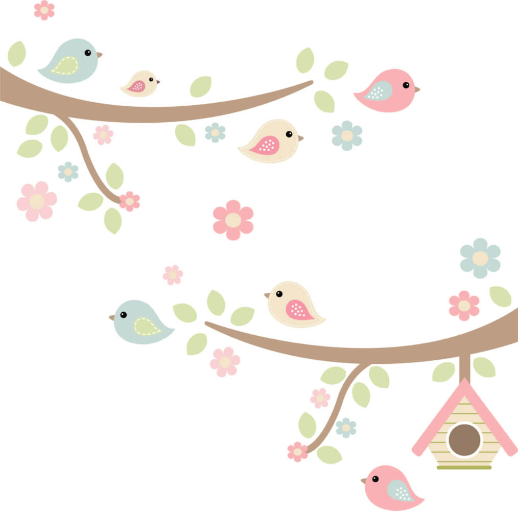 Adesivo de Parede Infantil Galhos Pássaros Flores Tons Suaves - Imagem 2