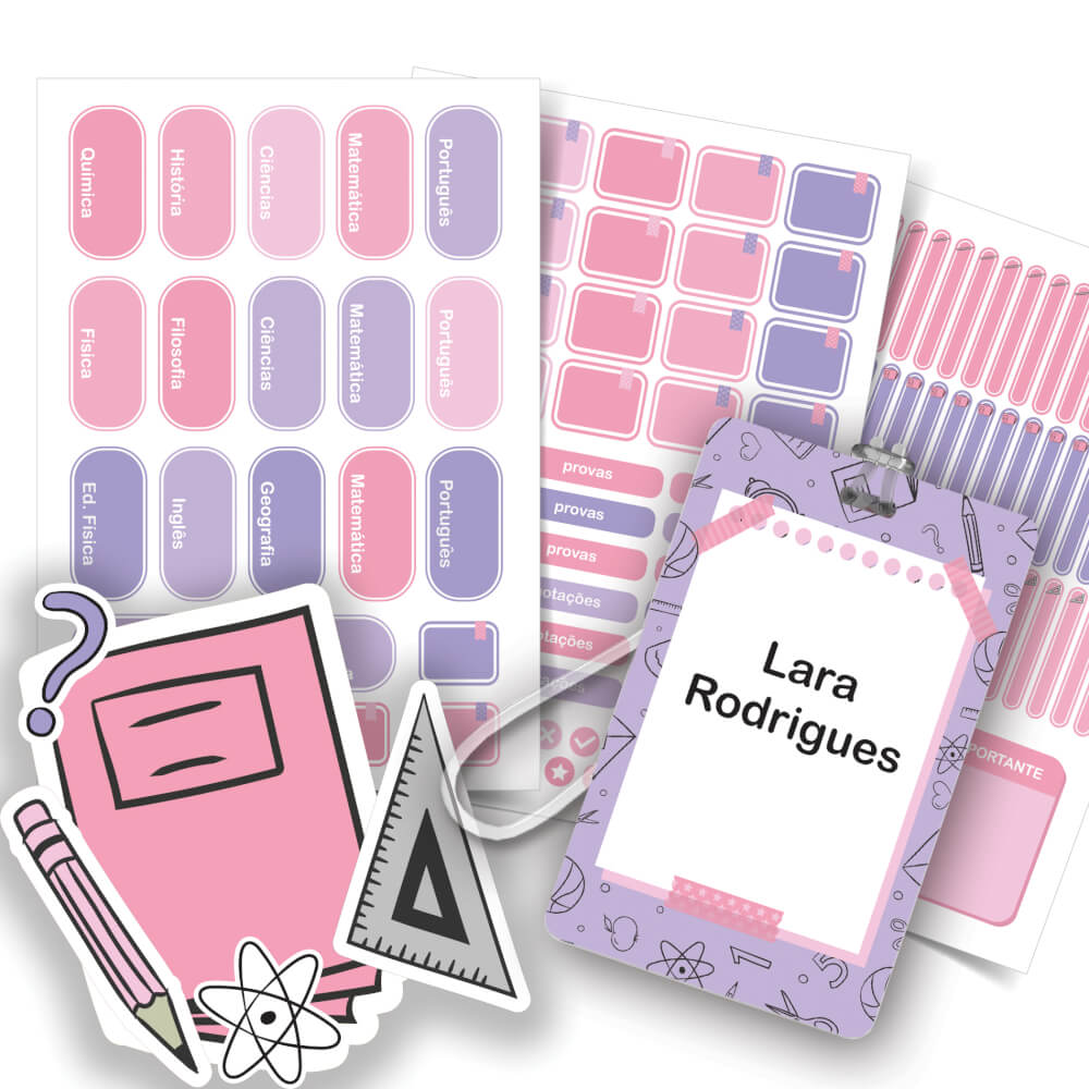 Etiqueta Escolar Personalizada com Matérias Rosa Kit Tag