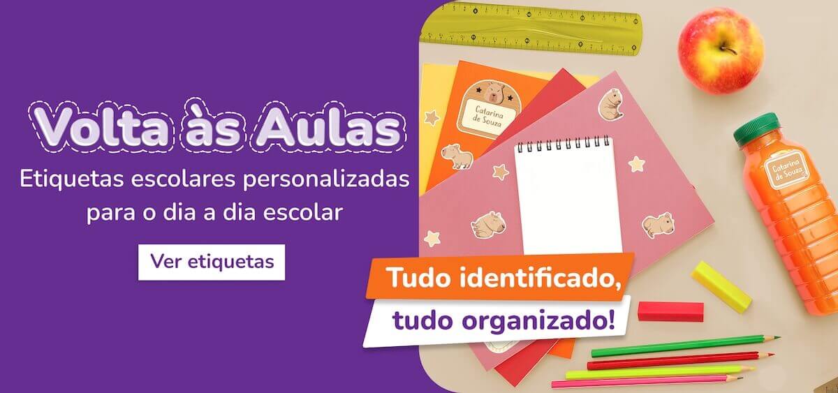 Banner Volta às Aulas com Etiquetas Escolares Personalizadas Quartinhos