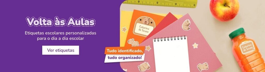 Banner Volta às Aulas com Etiquetas Escolares Personalizadas Quartinhos