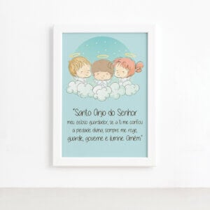 Quadro Infantil Anjo da Guarda Oração Moldura Branca 33x43cm