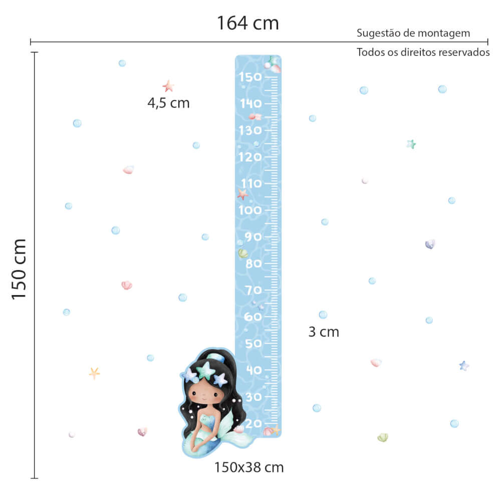 Adesivo de Parede Menina Fundo do Mar Sereia Morena Régua - Imagem 2
