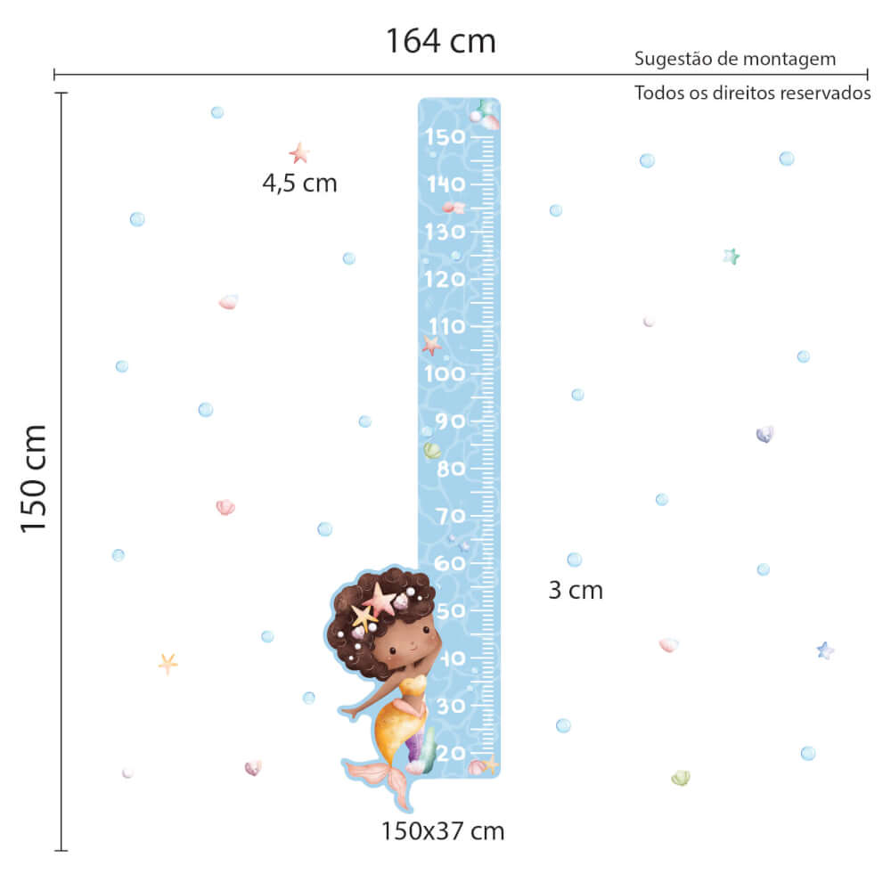 Adesivo de Parede Sereia Fundo do Mar Menina Medidor Altura - Imagem 2