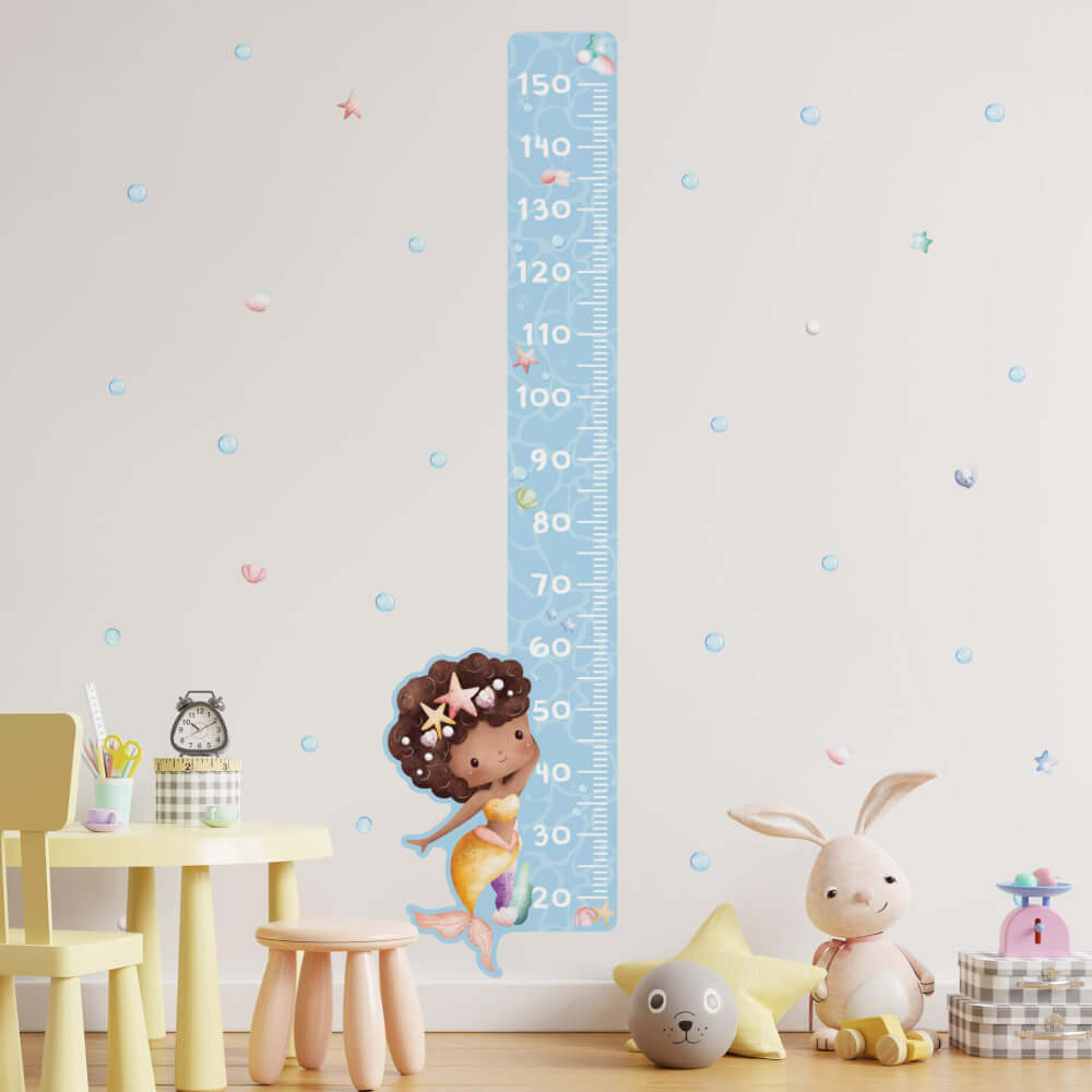Adesivo de Parede Sereia Fundo do Mar Menina Medidor Altura