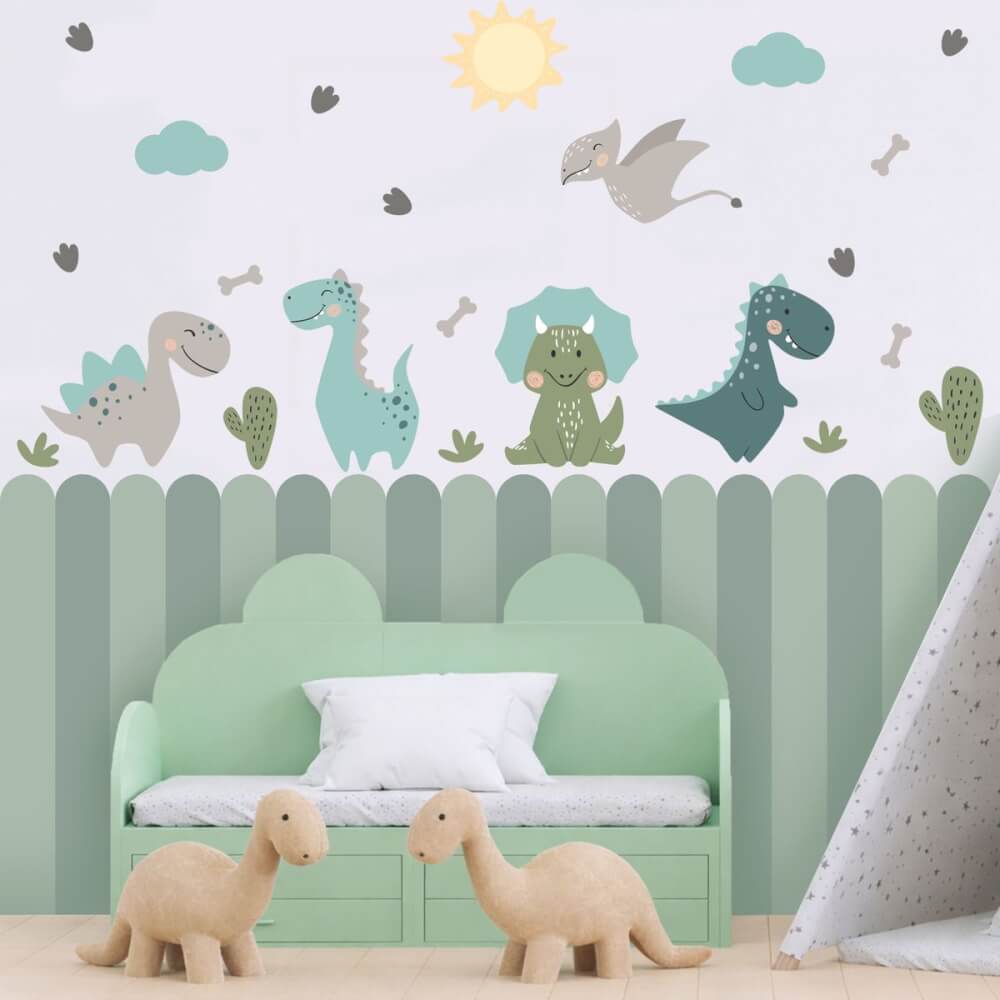 Kit Adesivo de Parede Cerca Verde + Dinossauro Infantil | Decoração Completa e Fácil Aplicação