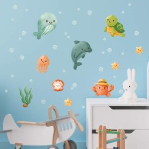 Adesivo de Parede Infantil Animais Fundo do Mar Aquarela Colorido