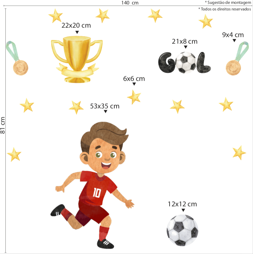 Adesivo de Parede Infantil Jogador Uniforme Vermelho Troféu - Imagem 2