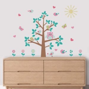 Adesivo de Parede Infantil Árvore Floresta Coruja Colorido