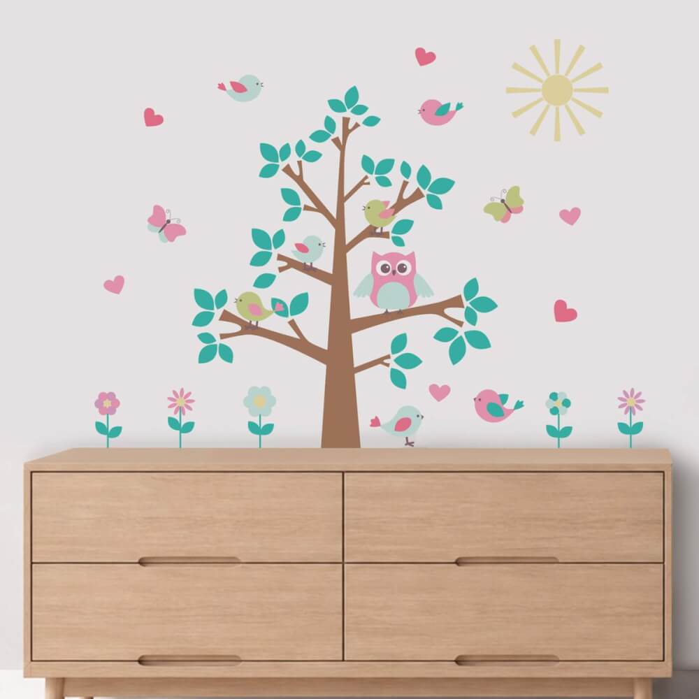 Adesivo de Parede Infantil Árvore Floresta Coruja Colorido