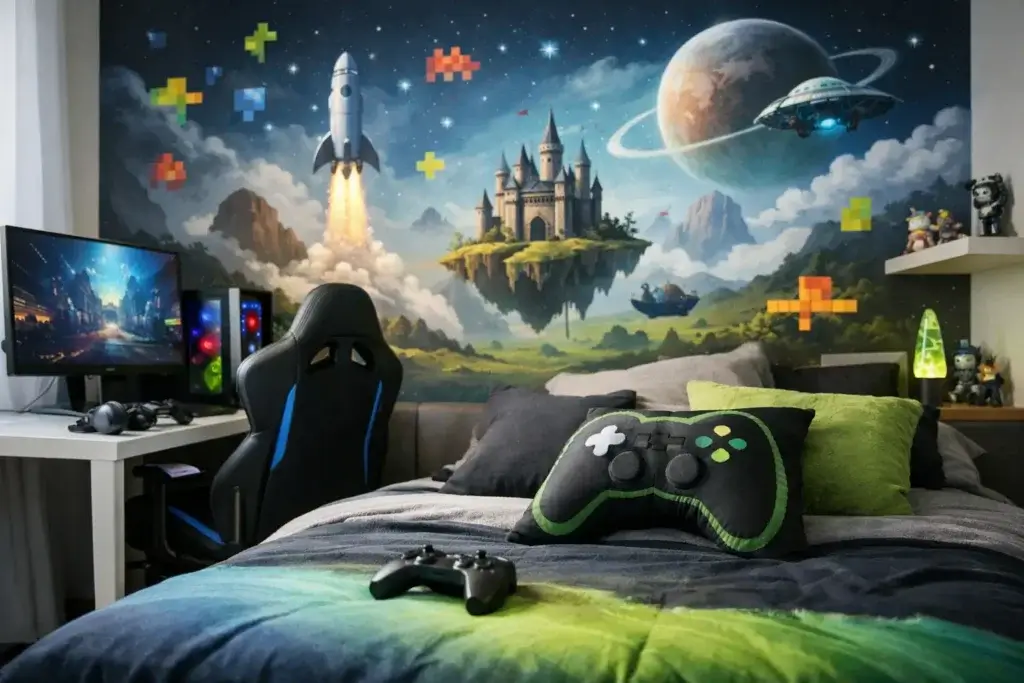 Papel de parede gamer infantil no quarto