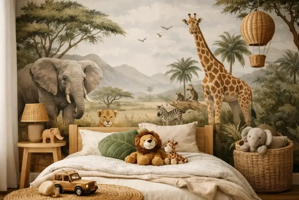 Papel de parede infantil safari no quarto
