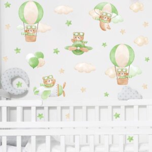 Adesivo de Parede Infantil Ursinhos e Balões Verde