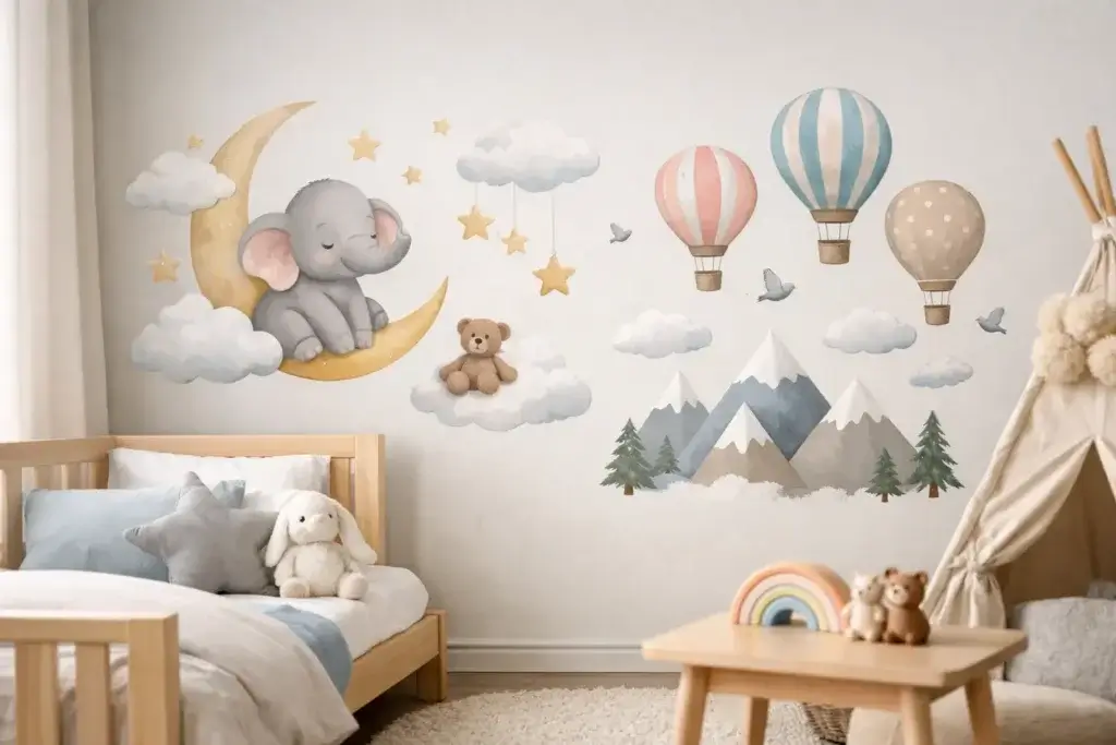 Guia de adesivos para paredes no quarto infantil