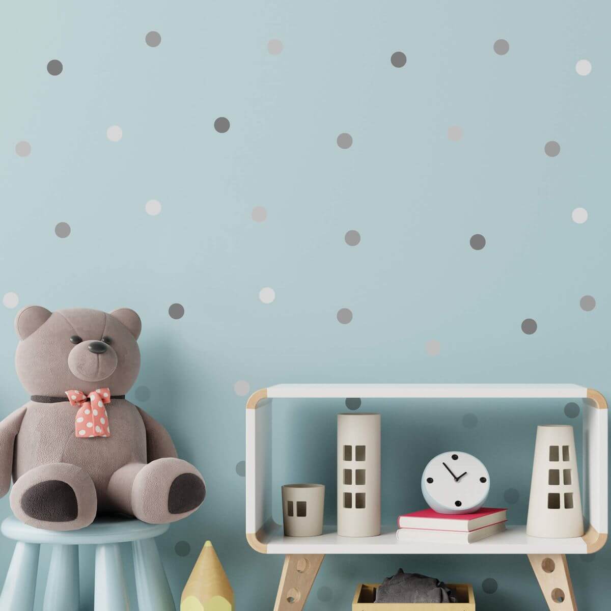 Adesivo de Parede Quarto Infantil Bolinhas Tons de Cinza 82 Unidades